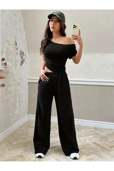 LOSSİA Γυναικείο μαύρο φαρδύ παντελόνι μεγάλου μεγέθους, χαλαρή εφαρμογή, ποι...