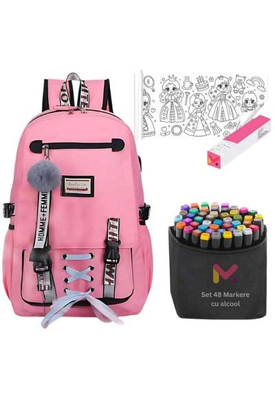 Mercaton Ghiozdan pentru Copii, Impermeabil, Port USB, 30 x 14 x 47 cm, Roz cu Rola Hartie Auto-Adez