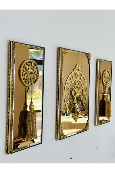 Pey Aksesuar 3Lü Dikdörgen Aynalı Çerçeveli Püsküllü Duvar Saati Takımı