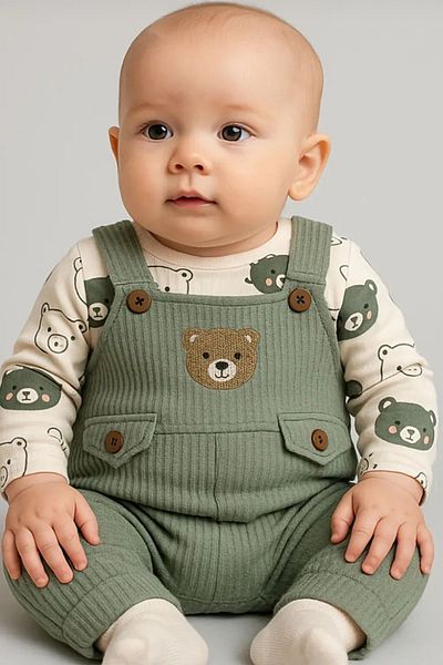 MixMax Bebe Baby Boy Long Sleeve Teddy Bear Patterned Embroidery Embroidered 100% Cotton Jumpsuit-Body-Socks Set of 3