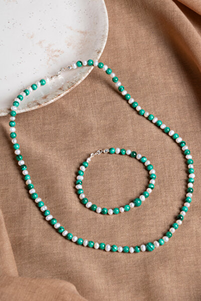OSMANLI DEĞERLİ TAŞ Certified Malahite Pearl Natural Stone Necklace (45 cm) & Bracelet (18cm) Set