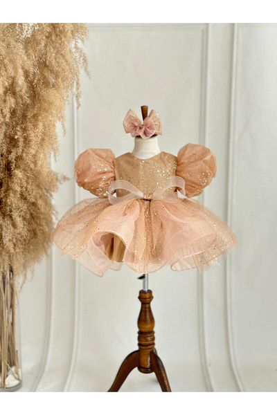 Hobidik Rochie Tutu pentru Fete cu Detaliu Fundita Sclipici Aur Rose