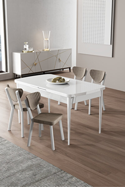 Canisa Exve Serisi 80x132 Açılabilir Beyaz Masa Takımı ve 4 Cappucino Sandalye