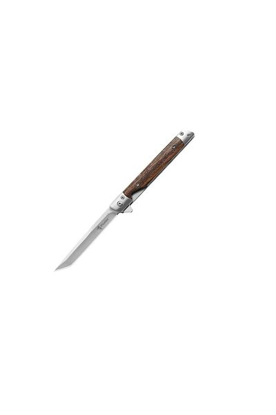 dalip Cuțit tactic de buzunar de vânătoare, lungime 21 cm, lamă de oțel, mâner din lemn, argintiu
