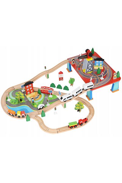 İSP Circuit Trenulet din Lemn , 88 de Accesorii Incluse "ISP WoodTrain", cu Traseu Multifunctiona