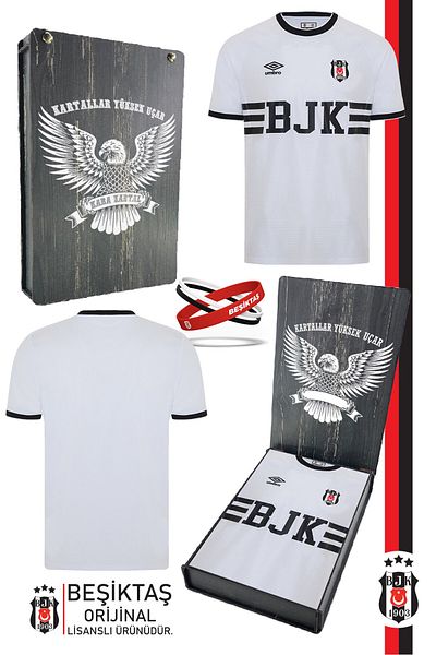 Beşiktaş طقم جيرسي Bjk أبيض نوستالجيا مرخص أصلي + طقم أساور هدية في صندوق خشبي
