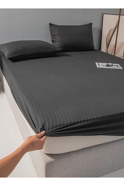LUNA HOME Single Size 3 Piece Set, Bedsheet with 2 Pillow Cases, Black Color, Satin Striped Design