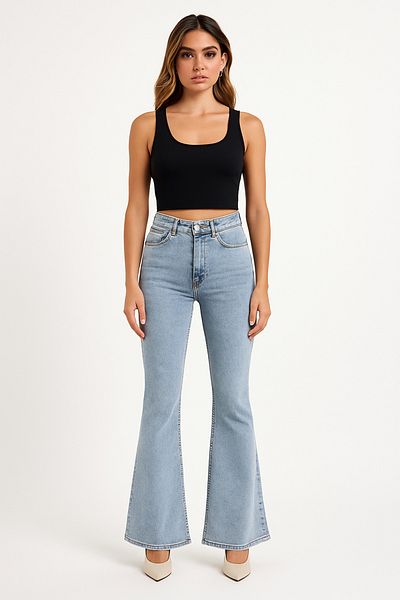 DELDNM Lina Albastru deschis cu talie înaltă Lycra Jeans confortabili cu picioare spaniole Snow Flare