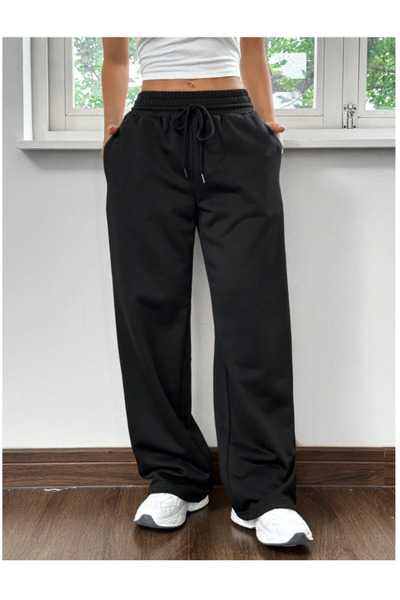 LAUSRA Γυναικείο μαύρο παντελόνι μεγάλου μεγέθους, φαρδιά γραμμή, ελαστικό, ά...