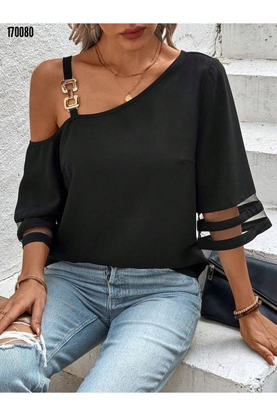 moda wanilia Women's Shoulder Buckle Detailed Strap Asymmetrical Cut Blouse