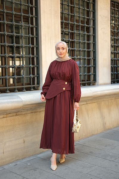 LOCCO Women's Belted Kraş Dress Burgundy