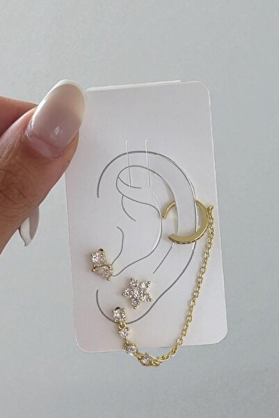 TAKIŞTIR Altın Renk Çiçek Figürlü İkili Ear Cuff Küpe Set