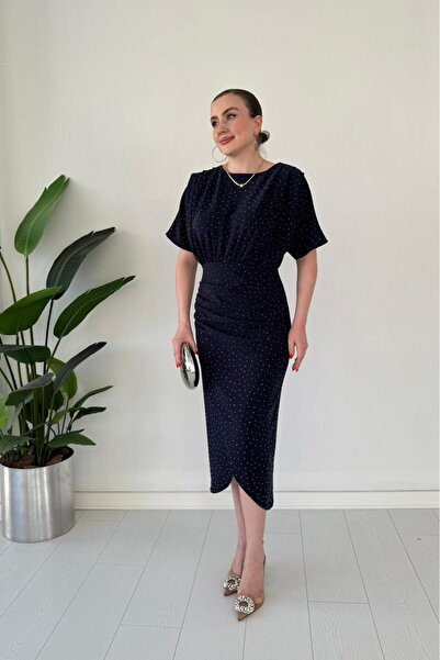 MaziButik Wrap Glitter Crepe Dress Navy Blue
