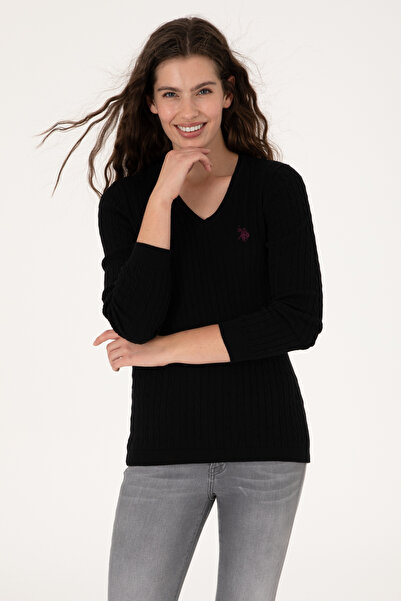 U.S. Polo Assn. Kadın Siyah V Yaka Basic Kazak 50313625-VR046