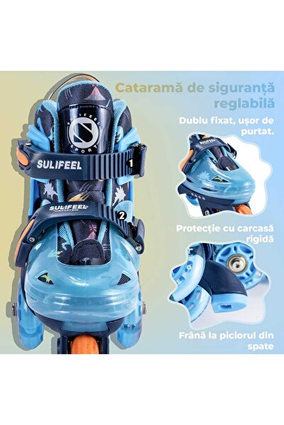 Elindor Role reglabile pentru copii, 4 roți iluminate, stabilitate triunghiulară, model dinozaur, mărimea XS, albastru