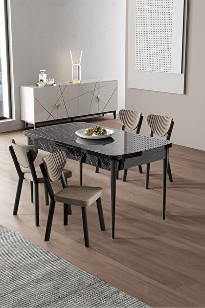 Canisa Exve Serisi 80x132 Açılabilir Siyah Mermer Desen Masa Takımı ve 4 Cappucino Sandalye