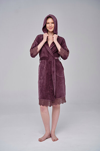 Nuşa Stripe Lace Niki Velvet Bamboo Cotton Dressing Gown