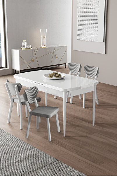 Canisa Exve Serisi 80x132 Açılabilir Beyaz Masa Takımı ve 4 Gri Sandalye