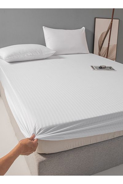 LUNA HOME King Size 3 Piece Set, Bedsheet with 2 Pillow Cases, White Color, Satin Striped Design.