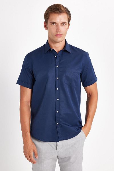 Tudors Men's Regular Fit Classic Cut Short Sleeve Cotton Single Pocket Dobby Navy Blue Shirt