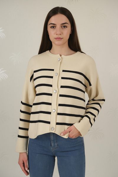ASEZ BUTİK Women's Cream-Black Striped Buttoned Knitwear Cardigan