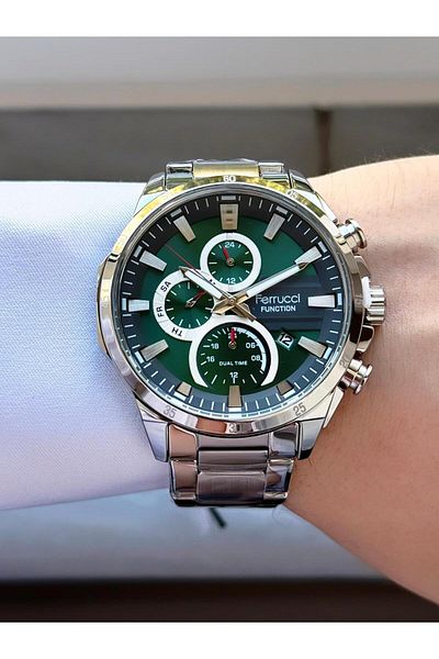 Ferrucci Function Men's Wristwatch Green Dial Metal Cord Dual Time with Calendar