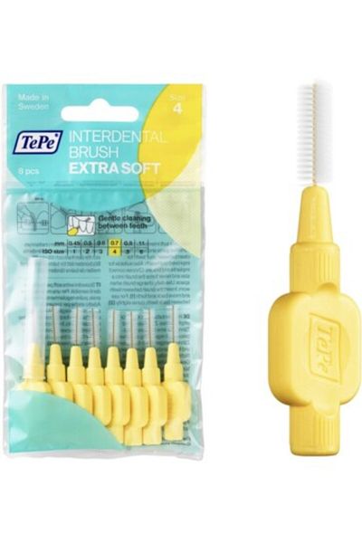 TePe Periuță interdentară cu ață dentară mărimea 4, spații medii, fir galben de 0,7 mm, pachet de 8