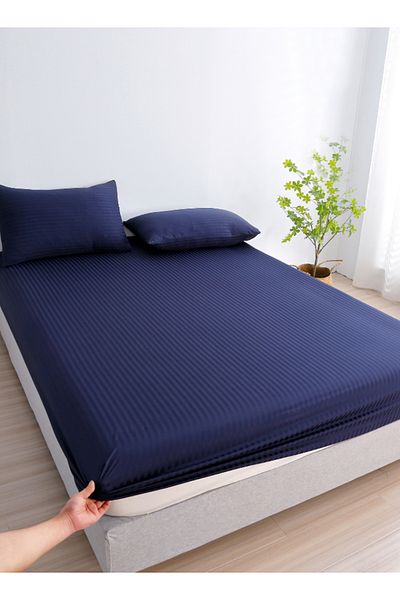 LUNA HOME 3 Pcs King Size Fitted sheet with elastic corner 180*200+30cm with 2 pillow cases, dark blue.