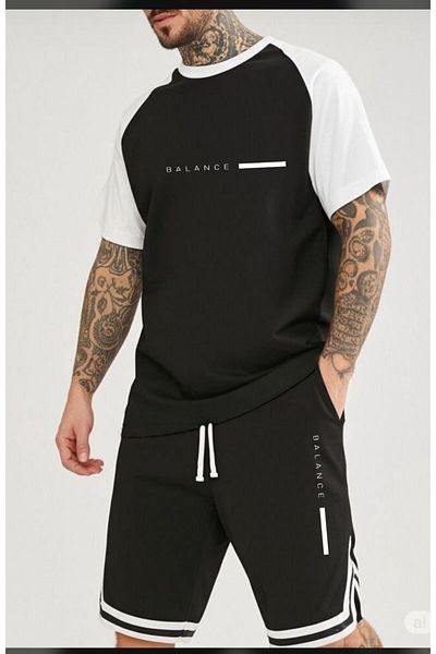 CAST COLLECTİON Men's Black-White Raglan Sleeve Oversize Tshirt Black Extraforlu Shorts Balance Set