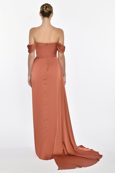 ALFABETA Women's Off Shoulder Side Slit Satin Long Copper Evening Dress & Homecoming Dress Ab5649-Bak