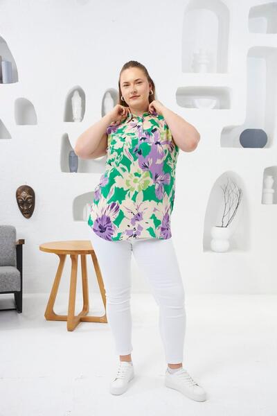 Imagine Giyim Women's Shirt Collar Pattern Zero Sleeve Plus Size Green Viscose Blouse – Lightweight, Roomy and Summer Chic