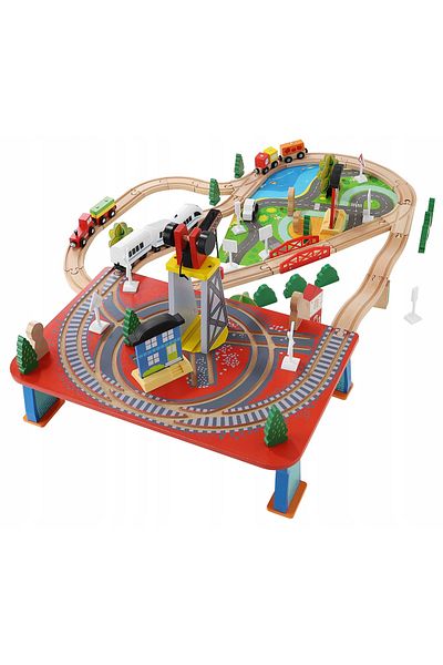 İSP Circuit Trenulet din Lemn , 88 de Accesorii Incluse "ISP WoodTrain", cu Traseu Multifunctiona