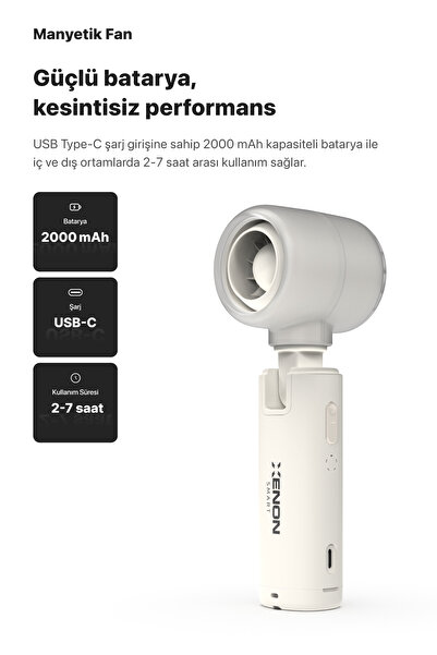 Xenon Smart Taşınabilir Şarjlı 5 Kademeli El Fanı 7 Saat Kullanım 14000 RPM Sessiz Mini Vantilatör Beyaz X6101