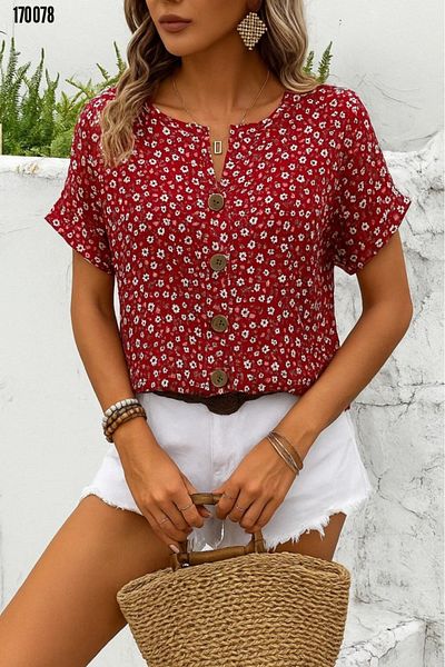 moda wanilia Women's Notch Collar Floral Single Jersey Blouse