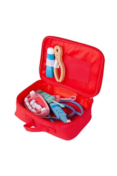 İSP Trusa dentist din lemn pentru copii "Dentist Kit Red", Stetoscop, Pasta de dinti, Periuta, Clest