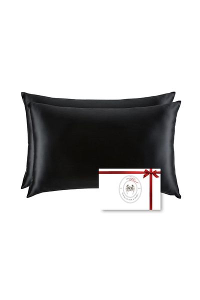 WaltStore Set of 2 Silk Pillowcases, with zipper, Mulberry Silk 22 Momme, Black 50 x 70 cm