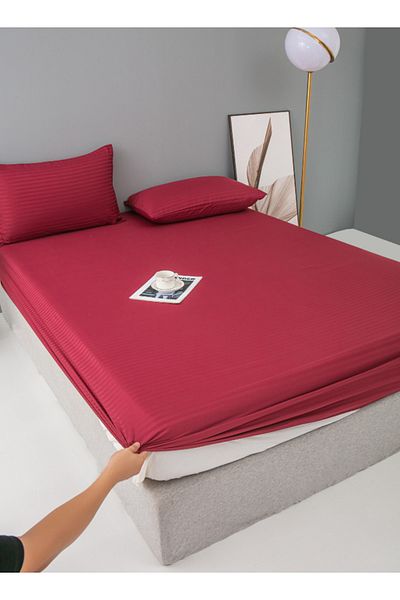 LUNA HOME Single Size 3 Piece Set, Bedsheet with 2 Pillow Cases, Berry Red Color, Satin Striped Design