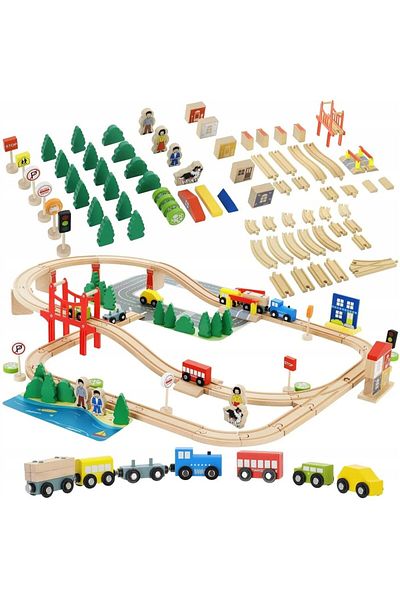 İSP Circuit Trenulet din Lemn , 92 de Accesorii Incluse "LikeSmart WoodTrain", cu Traseu Multifun