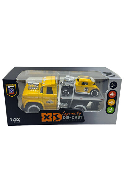 JPT Macheta Platforma Camion Tractare Masina retro 16cm galben cu sunet si lumini