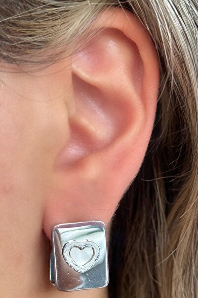 TAKIŞTIR Silver Color Heart Detailed Steel Earrings (Pair)