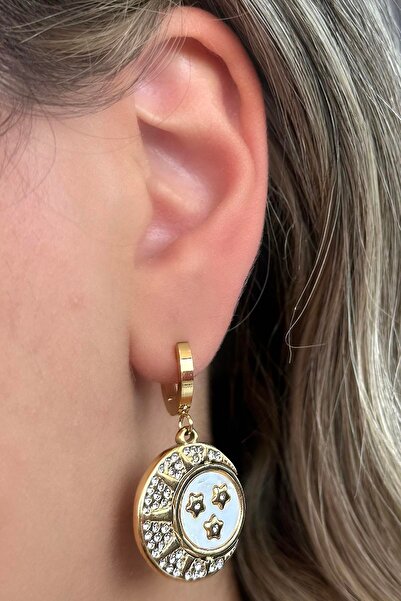 TAKIŞTIR أقراط فولاذية مرصعة بحجر النجمة باللون الذهبي (زوج)