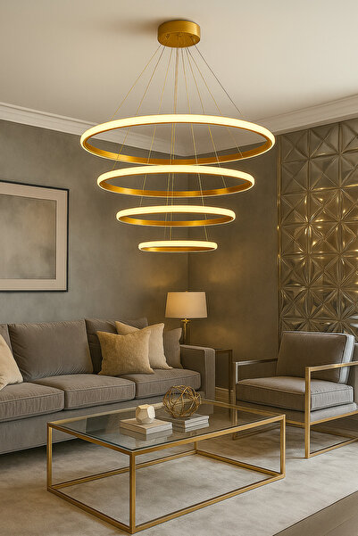 RSCOLLECTIONS 4'lü Çember Modern Sarkıt Led Avize Kumandalı Gold