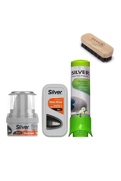 Silver Kit pentru îngrijirea articolelor piele, negru: cremă, perie, burete, deodorant Silver.