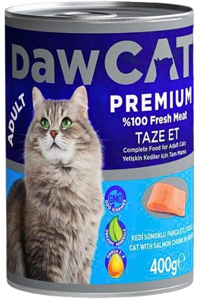 DAWCAT طعام القطط الرطب المعلب الممتاز، قطع السلمون اللذيذة في المرق، علبة طعام القطط الرطبة 400 جرام