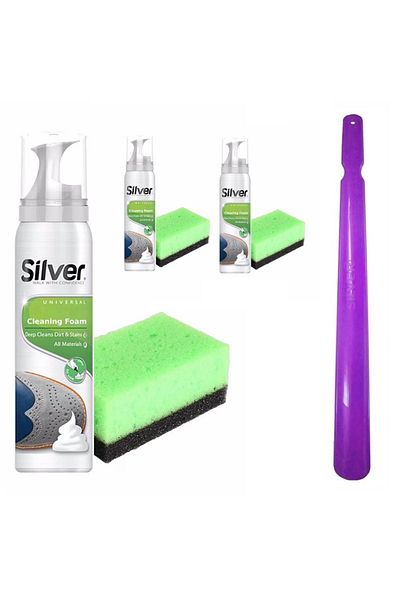 Silver Set 3x curățare sneakers cu spumă activă 125ml, burete și încălțător 50 cm,