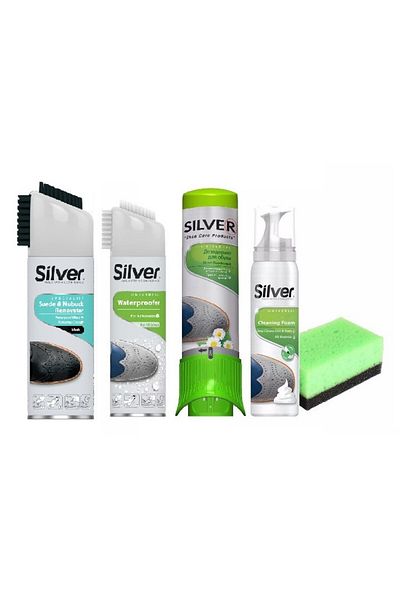 Silver Kit pentru încălțăminte nubuk/piele întoarsă: spumă, spray negru, impermeabilizant, deodorant