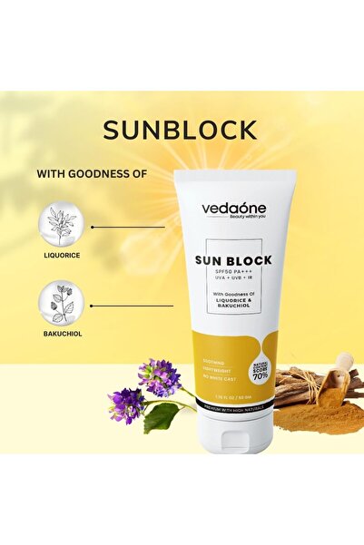 VedaOne Sun Block SPF50 PA+++ with licorice and bakuchiol - 70% herbal content score (50gm)