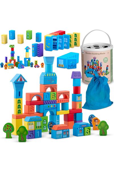 Ricokids Set 100 cuburi din lemn pentru copii Multicolor City in galetusa de depozitare cu capac sor