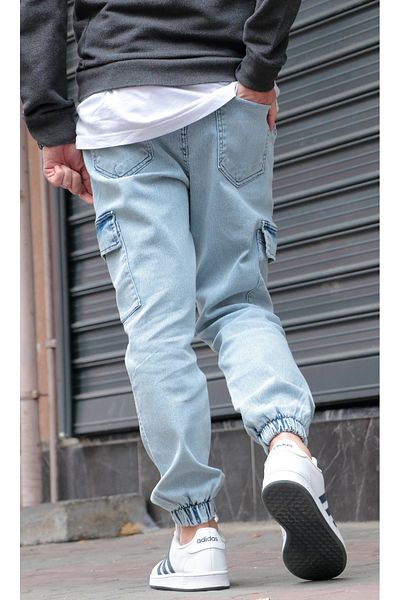 Osyday Men's Ice Blue Jogger Cargo Pocket Jeans - Elastic Waist and Leg, Stretch Fabric