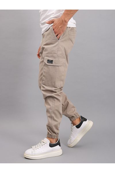 a02teks Men's Cargo Pocket Linen Elastic Leg Trousers